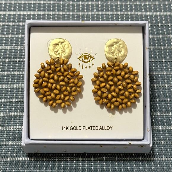 NEW | EYE CANDY | Wooden and Hammered Matte Gold Drop Earrings - Picture 1 of 1